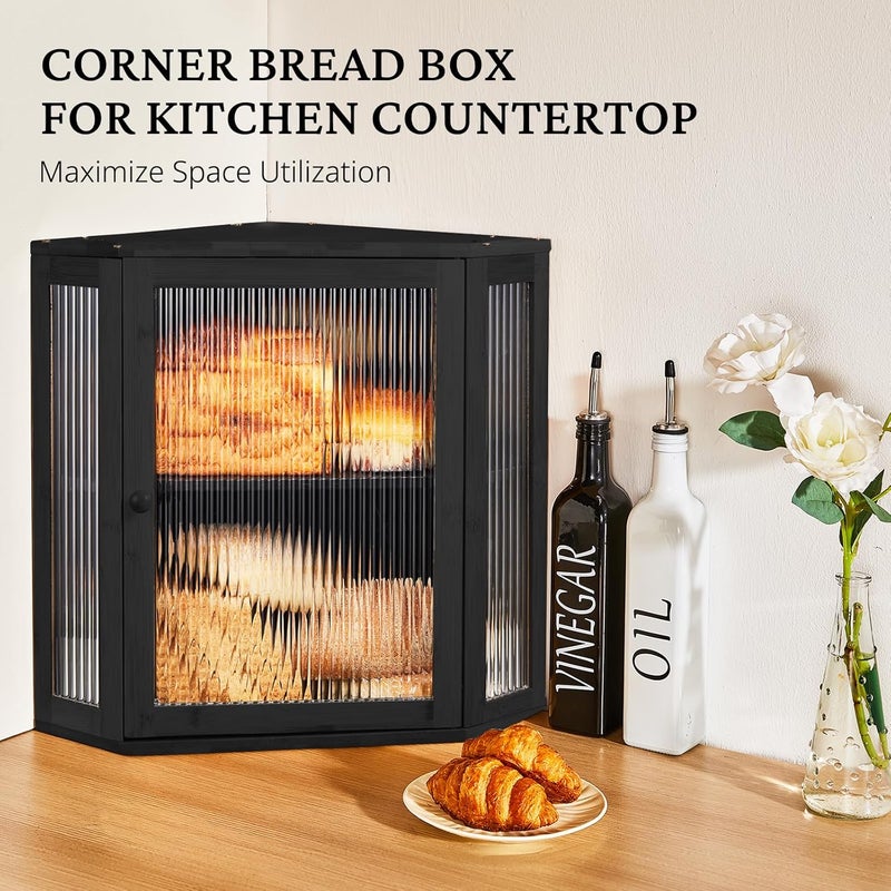 BRONYPRO Double Layer Corner Bread Box for Kitchen Counter with Height-adjustable Partition, Extra Large Black Bamboo Wooden Bread Box for Multiple Loaves, Modern Breadbox for Kitchen Countertop - Image 2